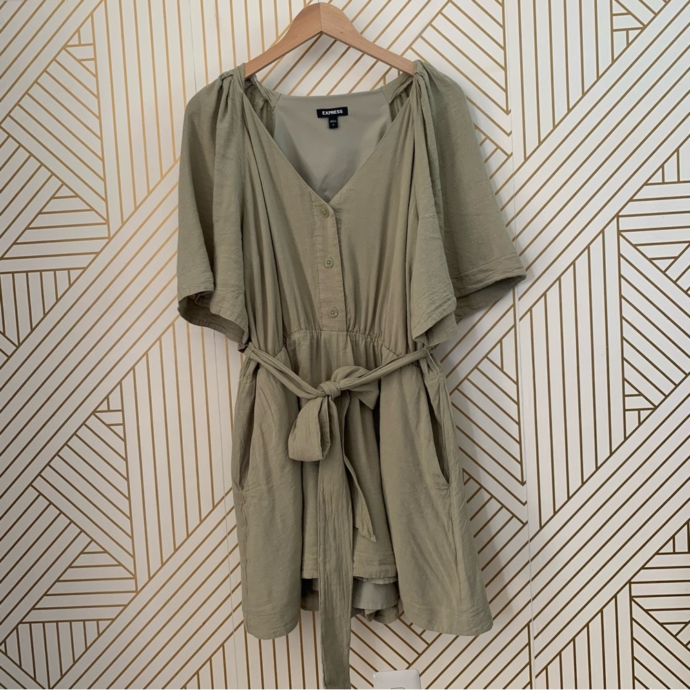 Express Linen Blend Button Up Tie Waist Romper belted coastal cowgirl Boho XL